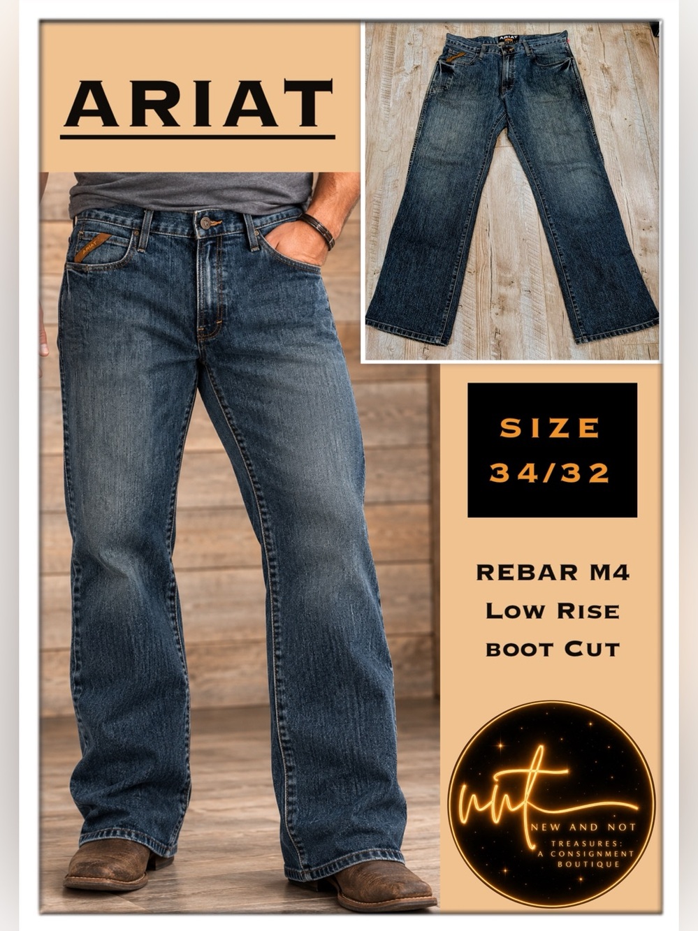 Ariat Rebar Jeans Mens 34x32 Blue M4 Low rise Boot Cowboy Workwear Rodeo Denim